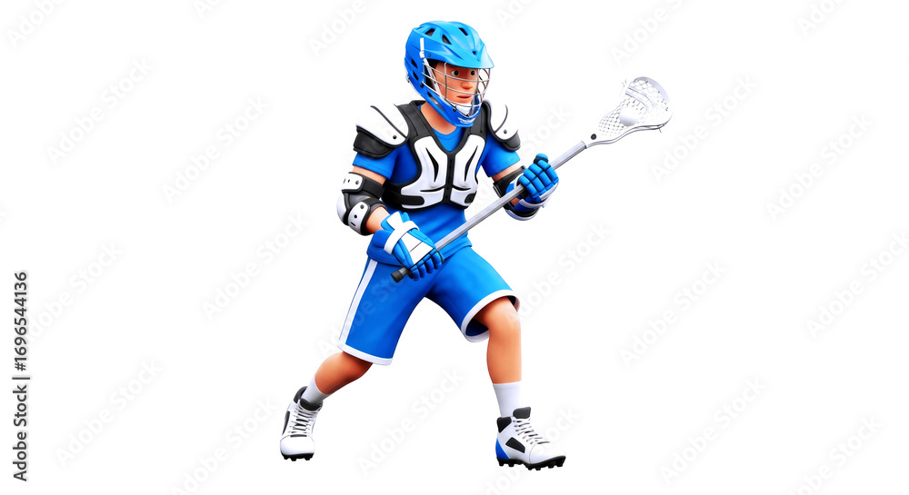 Fototapeta premium lacrosse player ready to pass or shoot, wearing a blue uniform and full protective shoulder gear.