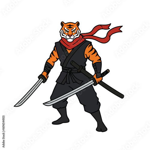 A tigerheaded ninja wielding two katanas stands in a black ninja suit and red scarf