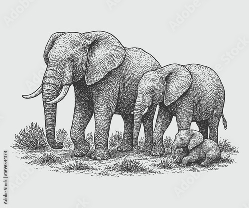 Engraving of elephant family with calf, vintage wildlife sketch symbolizing nature, protection, parenting, safari, and wilderness.