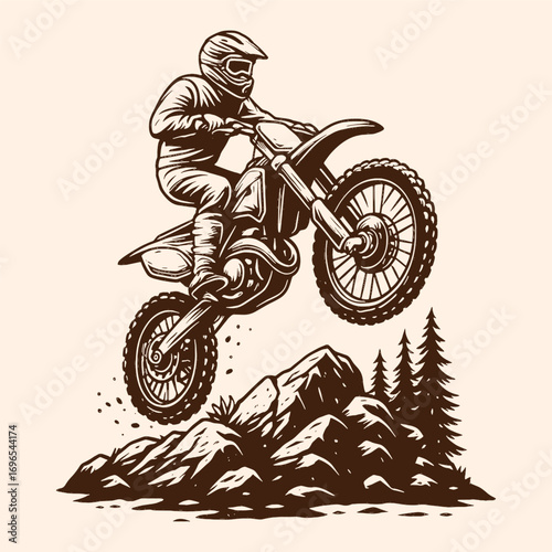 Engraving of motocross rider jumping on dirt bike, retro vintage extreme sport sketch symbolizing speed, adrenaline, and freedom.