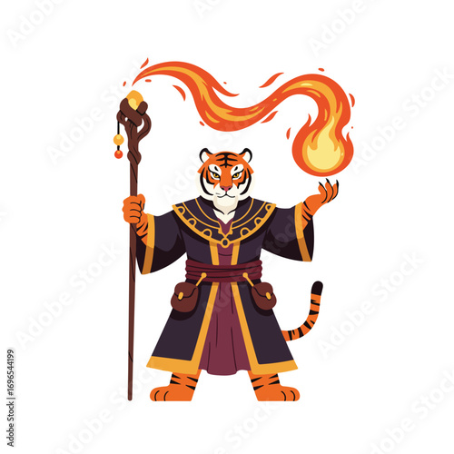 A tigerlike mage figure holds a staff and conjures fire He wears a robe