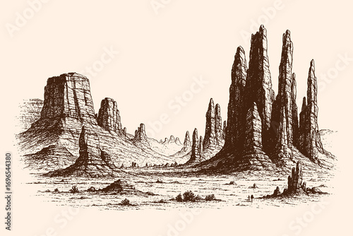 Engraving illustration of desert canyon landscape, retro vintage sketch scenery symbolizing western, cowboy, nature, wilderness, and travel.