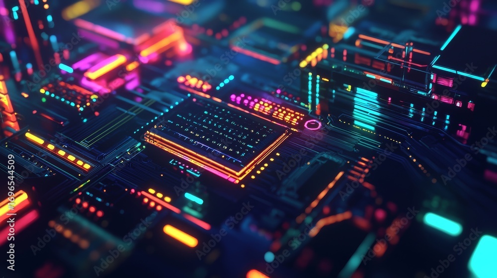 Fototapeta premium Vibrant Futuristic Circuit Board with Neon Lights