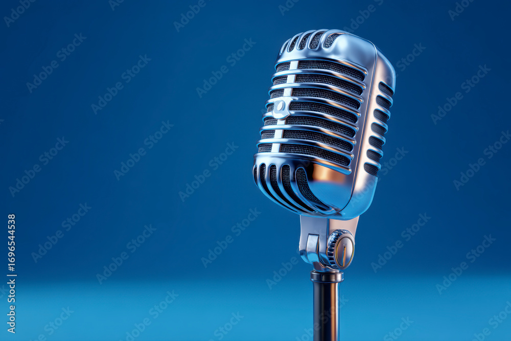 Fototapeta premium Classic Microphone: A vintage-style microphone with a metallic finish, set against a vibrant blue background.
