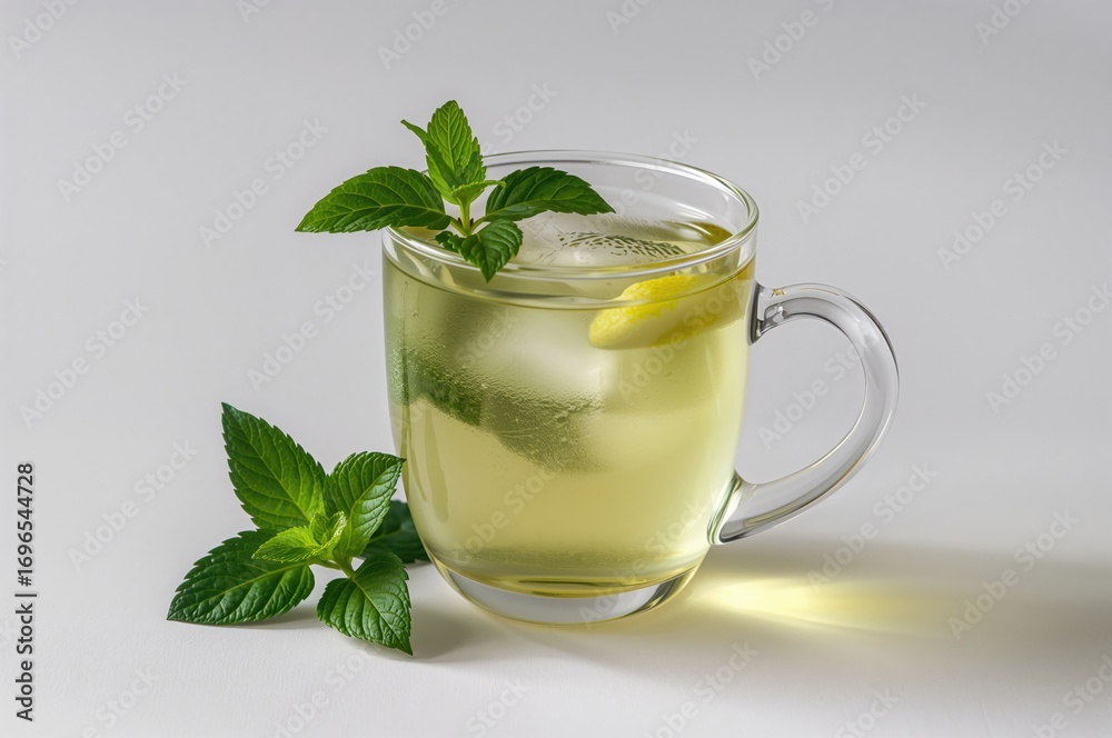 Fototapeta premium Glass cup filled with lemon balm herbal tea accompanied by fresh lemon balm leaves