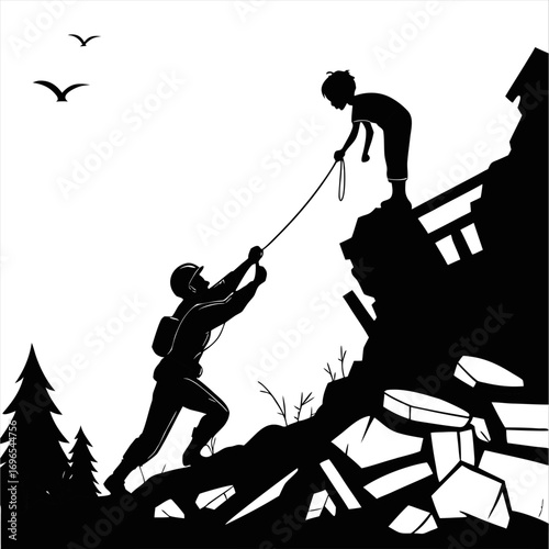 Silhouette of rescue workers pulling someone from rubble as the dawn breaks, one figure holding a child high above the ruins