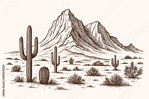 Vintage engraving landscape illustration of desert with cactus and mountains, retro sketch design symbolizing wilderness, arid, and nature.