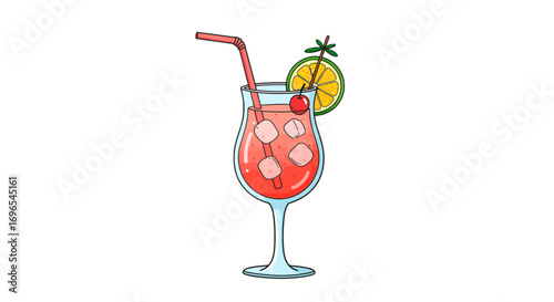 Tropical cocktail drink with ice cubes cherry and lime illustration summer vacation refreshment party on transparent background