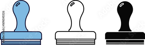 Three rubber stamps in blue, white, and black for approval or authentication