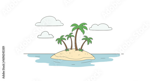 Tropical island paradise vacation getaway palm trees ocean clouds cartoon illustration scenic summer holiday on transparent background