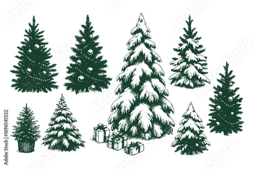 Engraving illustration of pine and fir trees in winter season, decorated with gifts, vintage retro forest landscape holiday sketch design.