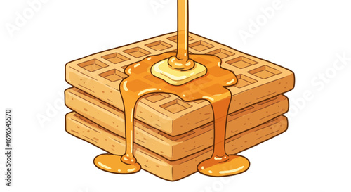 Delicious waffles with syrup and butter breakfast food sweet treat dessert cartoon style illustration on transparent background