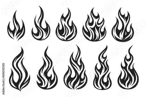Engraving sketch of fire flames set, retro illustration element symbolizing heat, danger, energy, and burning power in vintage style.