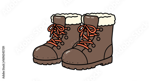 Cartoon footwear hiking shoes winter boots fur trim laces outdoor gear apparel illustration style on transparent background