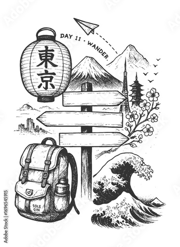 Vintage engraving illustration of Tokyo travel signpost with backpack and compass, retro sketch symbolizing Japan adventure and exploration.