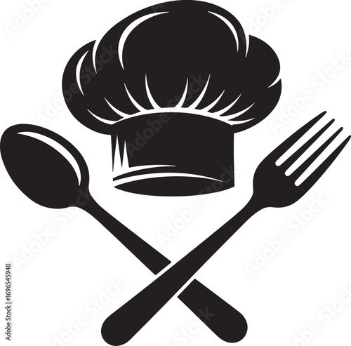 Chef hat with crossed fork and spoon culinary illustration for restaurant branding and design