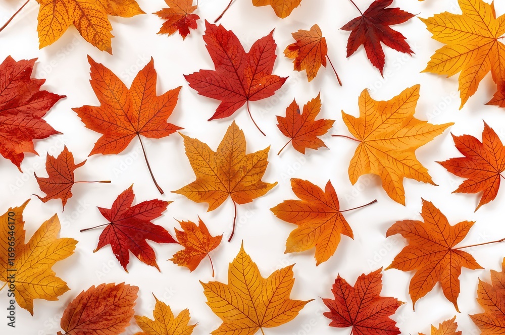 Fototapeta premium Collection of various colorful fallen leaves separated on a white backdrop. Fall theme illustration
