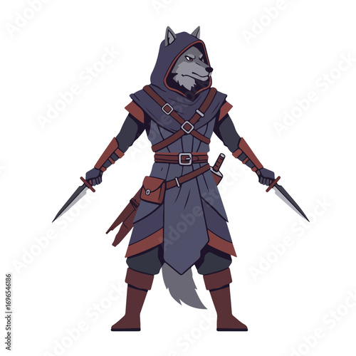 A wolfheaded humanoid hooded armed with two daggers wearing dark leatherbound clothing