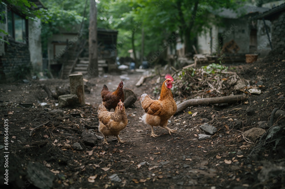 Fototapeta premium Miniature chickens wandering through abandoned buildings. Ornamental poultry species known for their small size, often referred to as kate chickens, bred for decorative purposes. Livestock and animal
