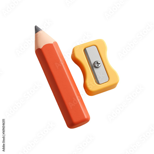 Orange pencil and yellow pencil sharpener isolated on transparent background
