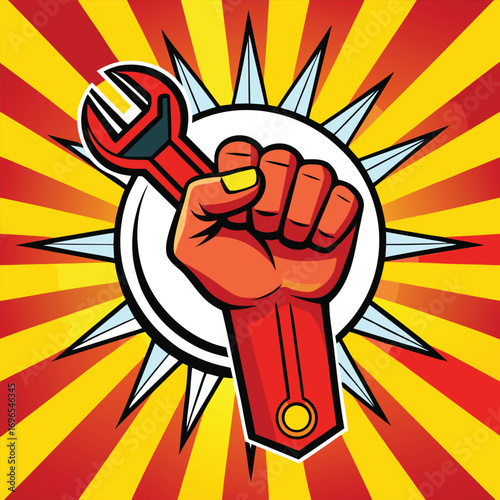 Red clenched fist holding wrench against sunburst background illustration hand