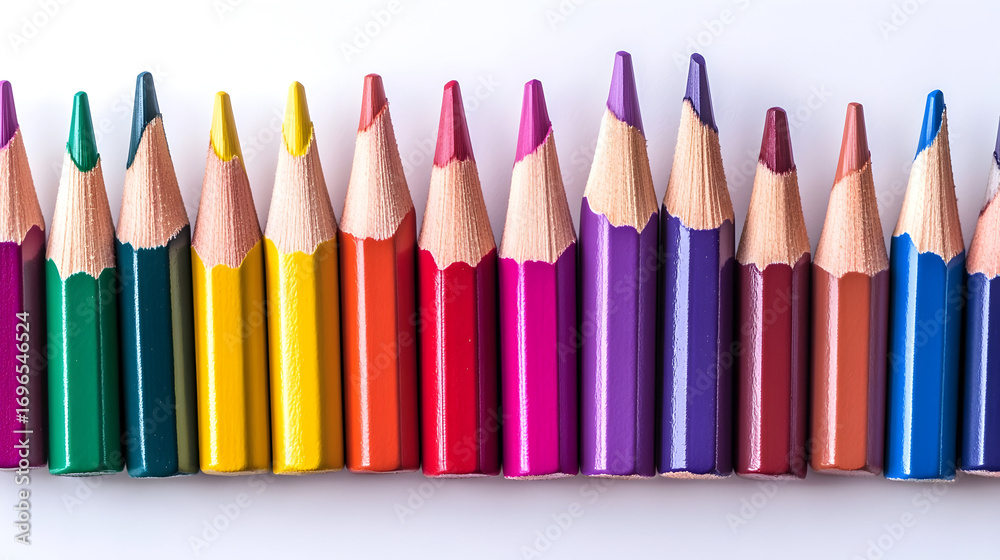 Fototapeta premium Vibrant assortment of colored pencils in neat row for art and design