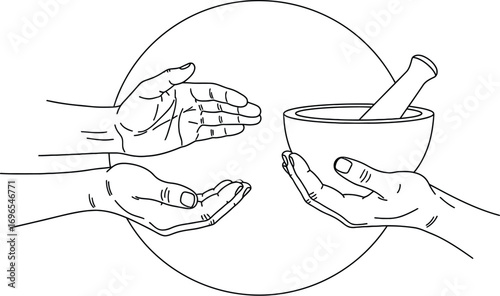 Hands sharing a mortar and pestle, symbolizing knowledge transfer and healing