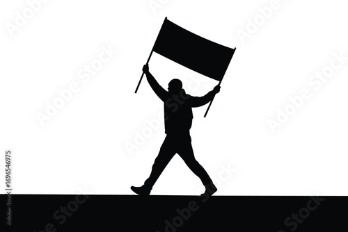silhouette of a man with a flag, Black silhouette of a person holding a flag, symbol of patriotism, protest, freedom, or celebration.