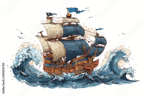 Majestic pirate ship sailing through rough seas with a skull flag blowing in the wind illustration art
