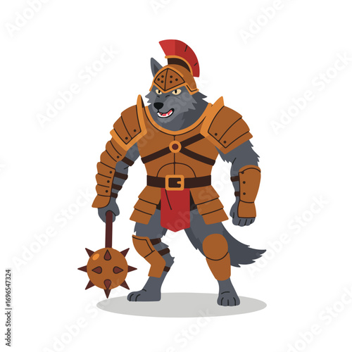 A wolflike character wearing armor and holding a mace against a white background