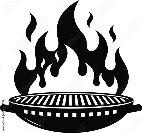 Fiery barbecue grill with intense flames, symbolizing summer cooking and outdoor gatherings.