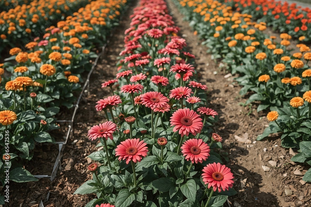 Fototapeta premium Gerbera and chrysanthemum blooms growing in farm plots with a backdrop of greenery and springtime foliage