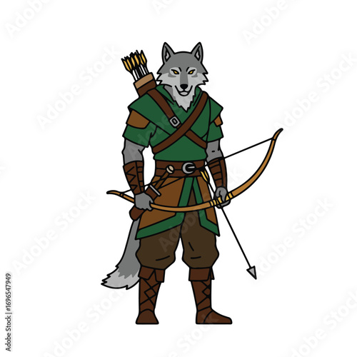 A wolflike humanoid with green and brown attire holds a bow and arrow