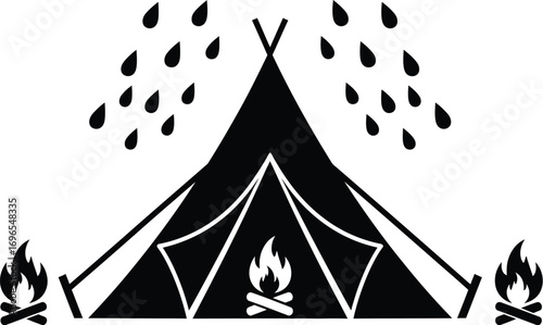 Cozy tent with campfire and rain, a sheltered outdoor experience.