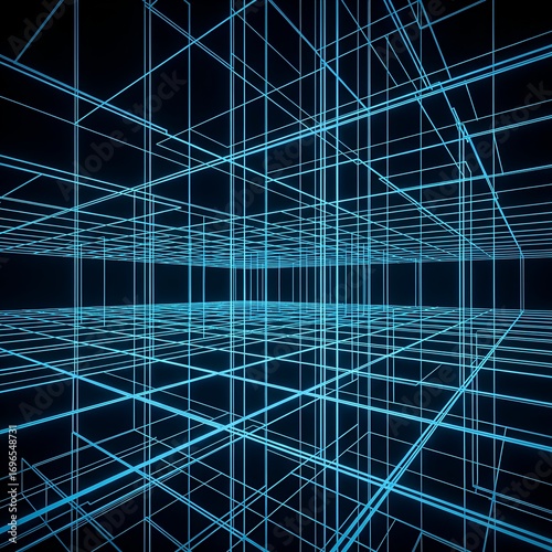 Abstract Blue Digital Grid Cyberspace Background.