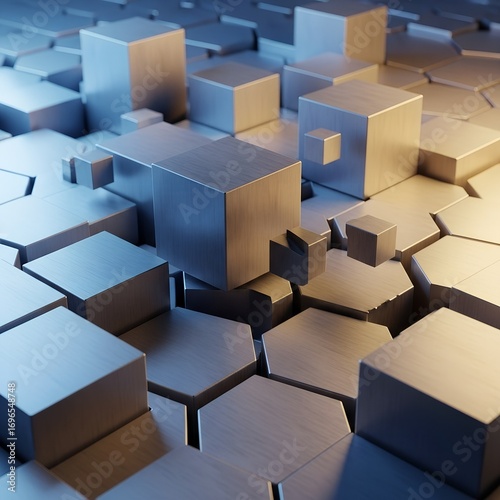 Abstract 3D Render of Metallic Cubes and Hexagons.