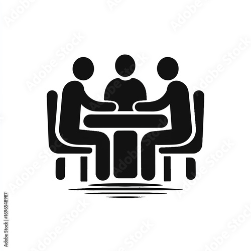 Meeting icon with three people seated around a table symbolizing teamwork collaboration and communication strategy and business growth vector illustration
