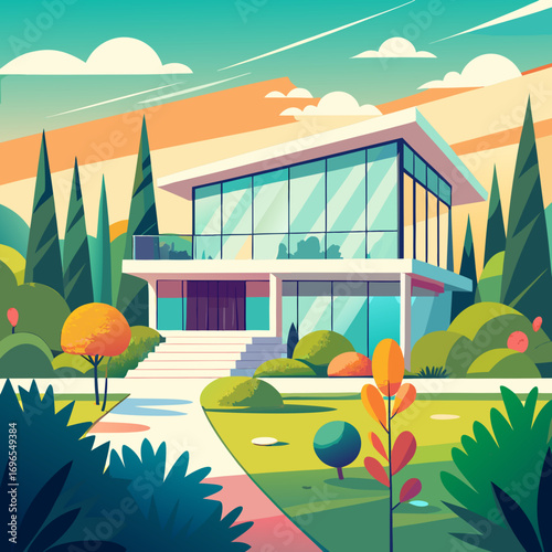 Minimalist cartoon luxury villa with large windows and lush landscaping vector illustration