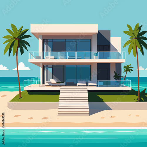 Modern luxury beachfront villa with palm trees and ocean view vector illustration