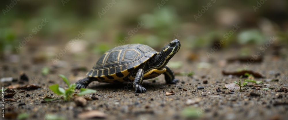 Obraz premium A Small Turtle Taking a Slow and Steady Journey Down a Forest Path