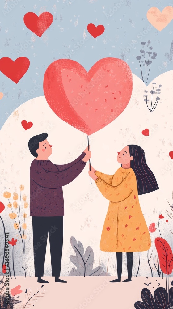 Fototapeta premium Couple Sharing a Giant Heart: A Valentine's Day Illustration