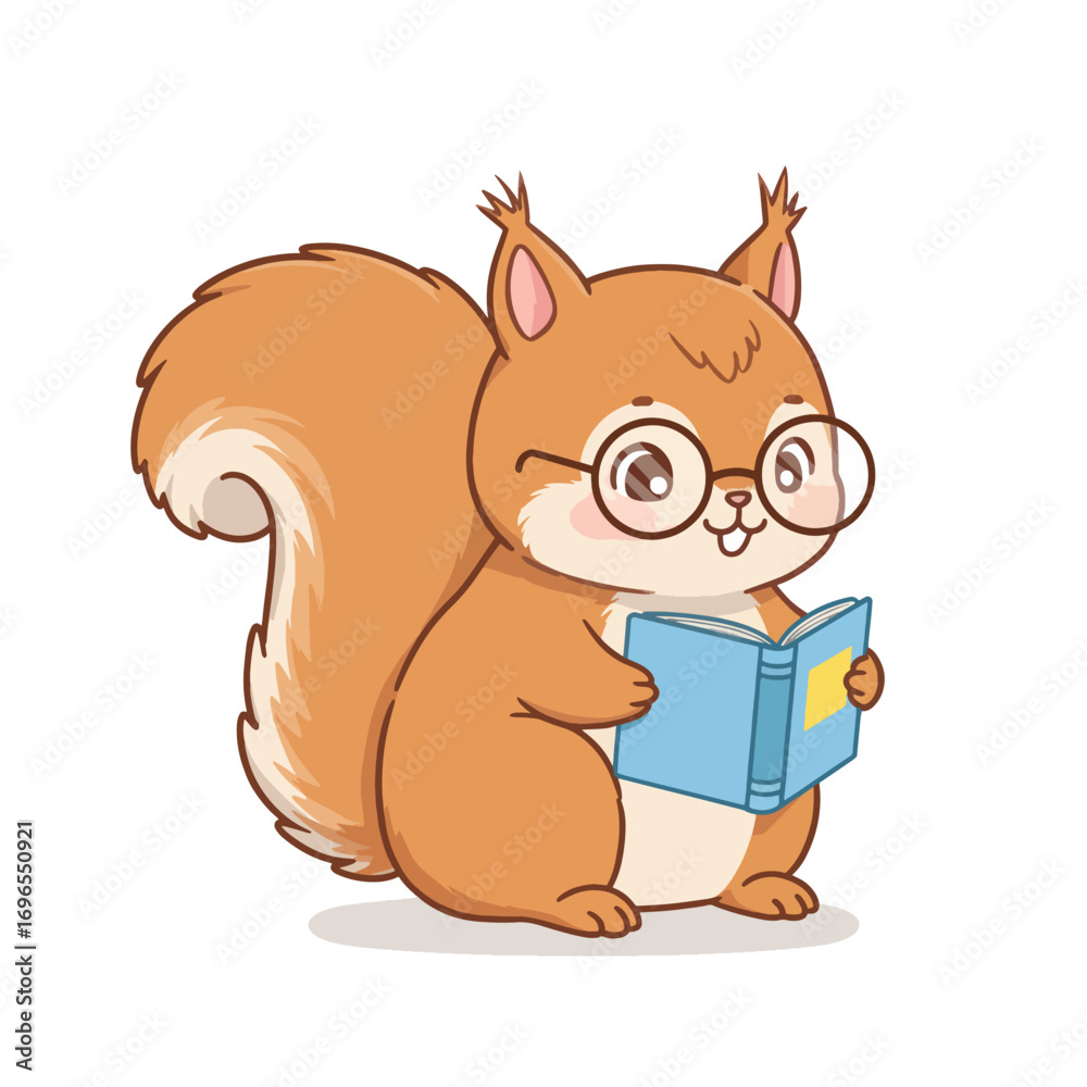 Fototapeta premium A cartoon squirrel wearing glasses reads a blue book