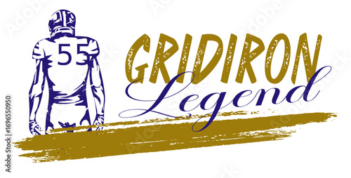 Sketch di giocatore football con numero 55 e scritta “GRIDIRON Legend” in viola e oro. Tributo deciso a orgoglio, eredità e spirito competitivo in una composizione sportiva dinamica.
