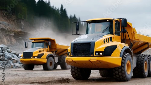 Large dump trucks are moving rubble and dirt at an active construction site surrounded by trees
