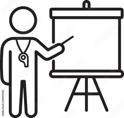Coach or Teacher icon presenting at whiteboard with pointer stick in presentation room
