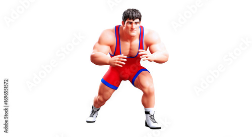 powerful wrestler in a low crouching stance, prepared to attack in a red and blue singlet