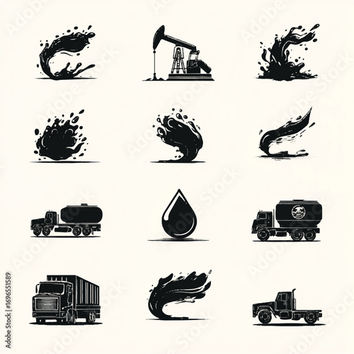 Oil and Gas Industry Elements in Black and White Collection of Energy Concepts Vectors