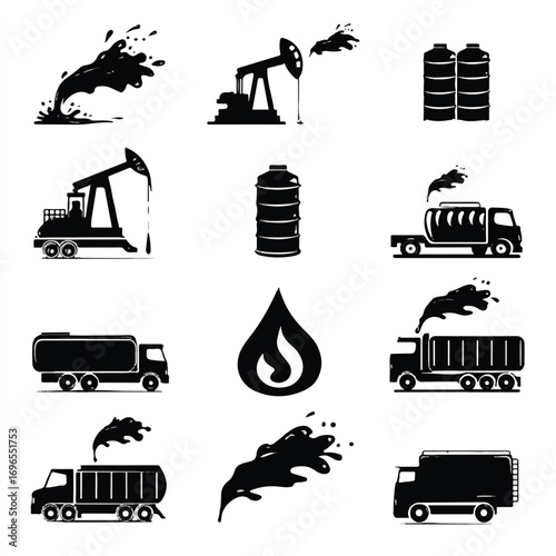 Oil Industry Icons Showing Petroleum Production Transportation and Storage in Black and White Isolated