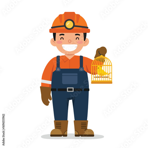 A cartoon miner in an orange hard hat and blue overalls holds a yellow bird in a cage