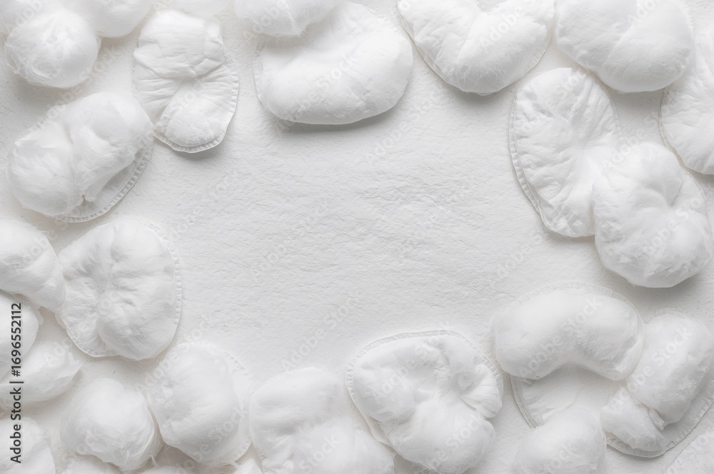 Obraz premium Numerous cotton rounds spread out, viewed from above